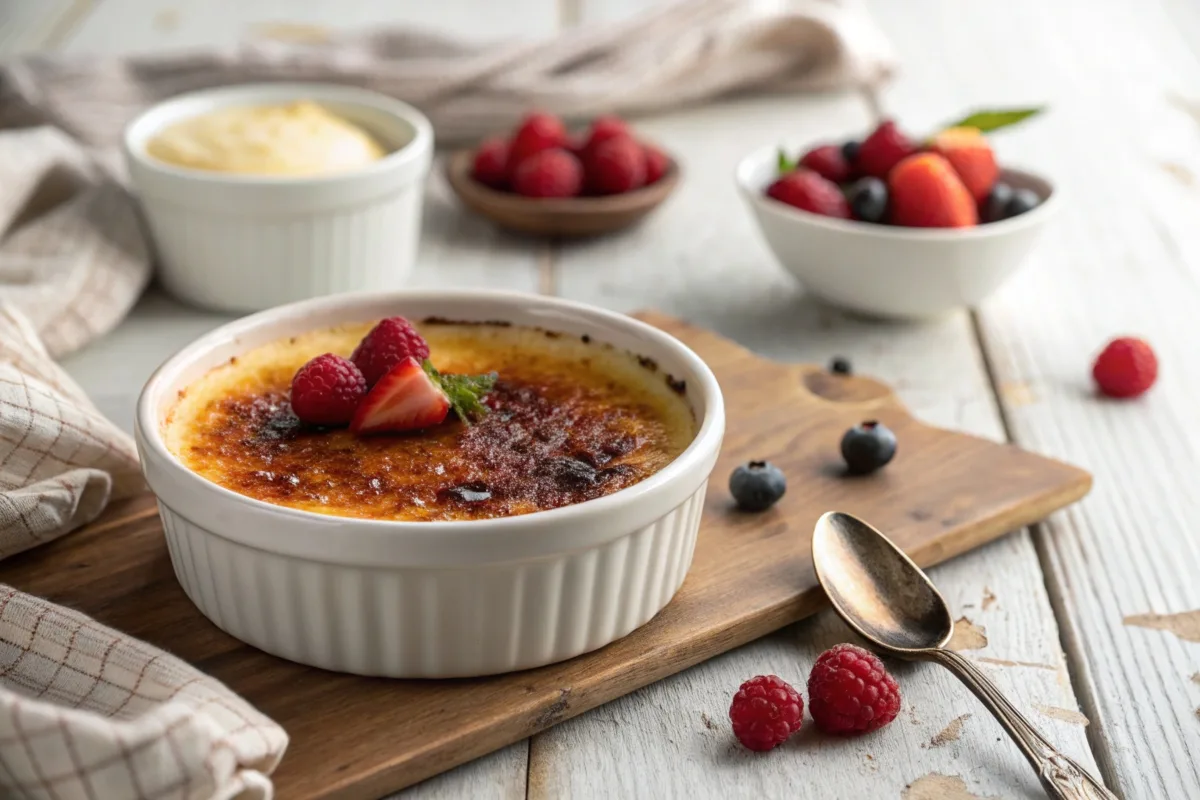 Crème brûlée with caramel crust and fresh berry garnish.