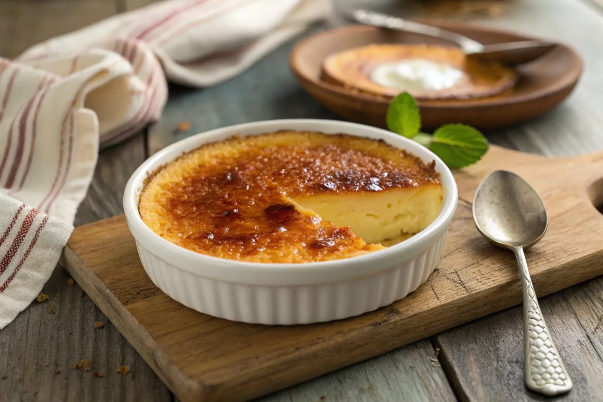 Crème brûlée with a caramelized sugar crust and creamy custard.