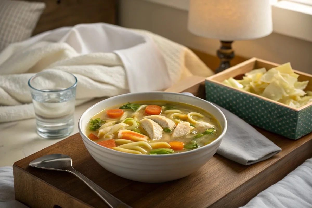 Steaming chicken noodle soup on a bedside table with cozy recovery essentials.