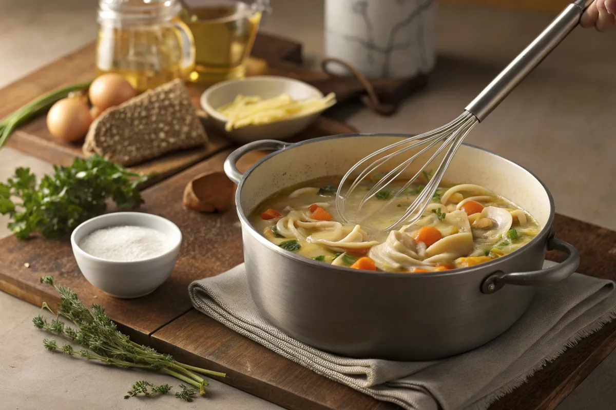 Adding cornstarch slurry to thicken chicken noodle soup on the stove.