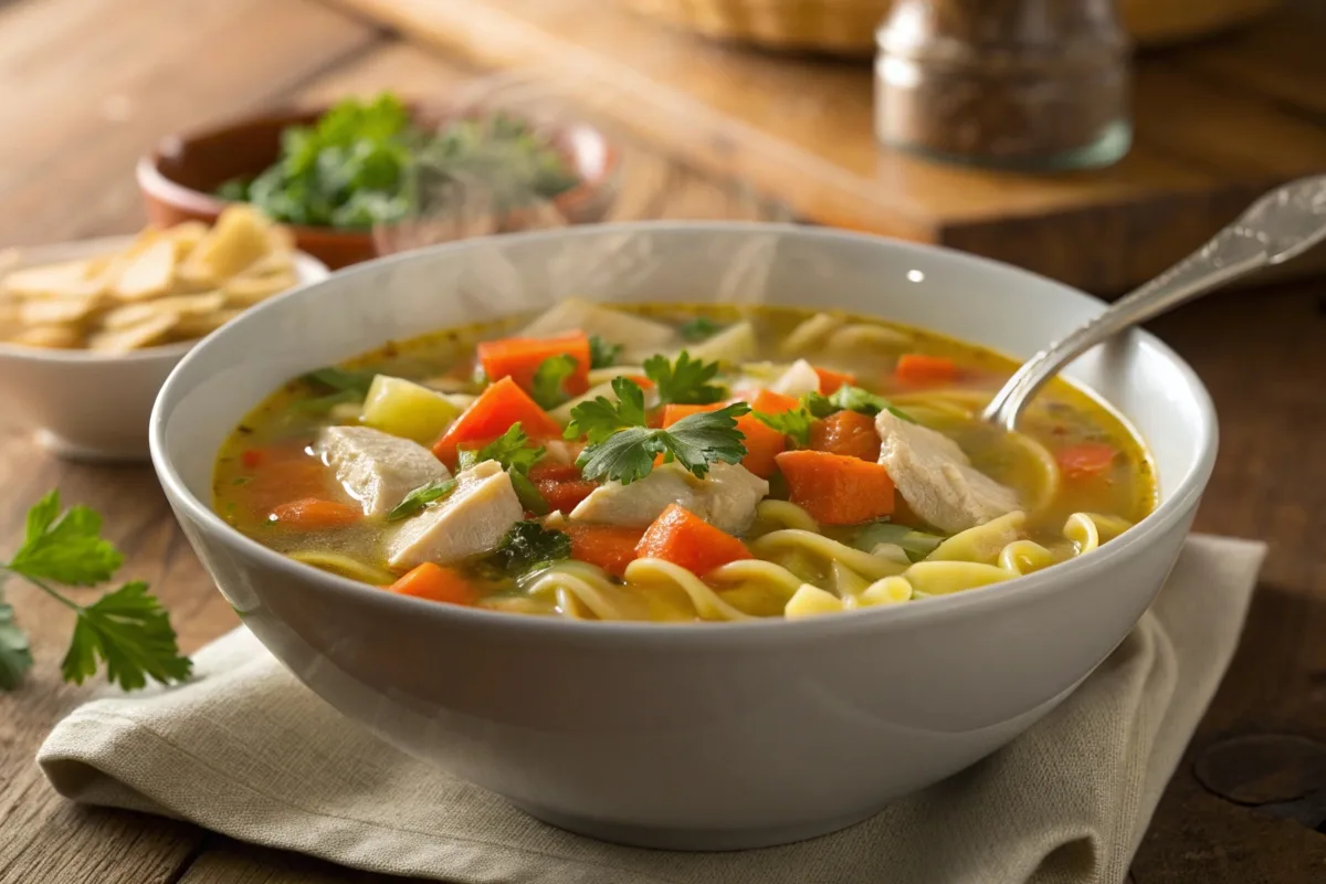 A bowl of chicken noodle soup with thickened broth and fresh garnishes.