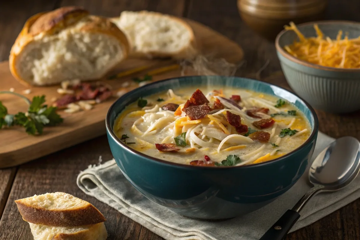 Crack Chicken Noodle Soup with noodles, chicken, bacon, and cheese, garnished with parsley.