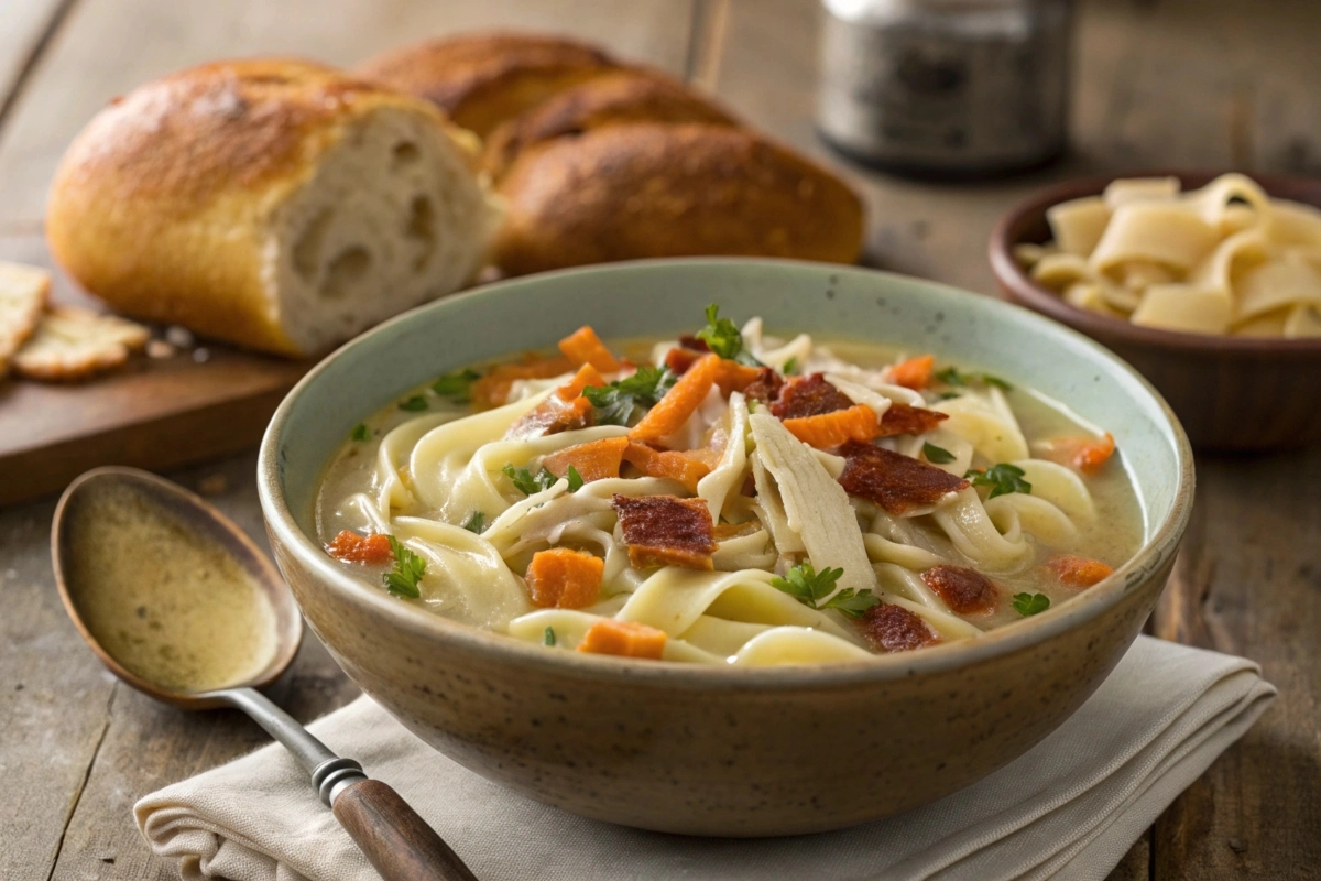 A bowl of creamy crack chicken noodle soup garnished with fresh parsley"