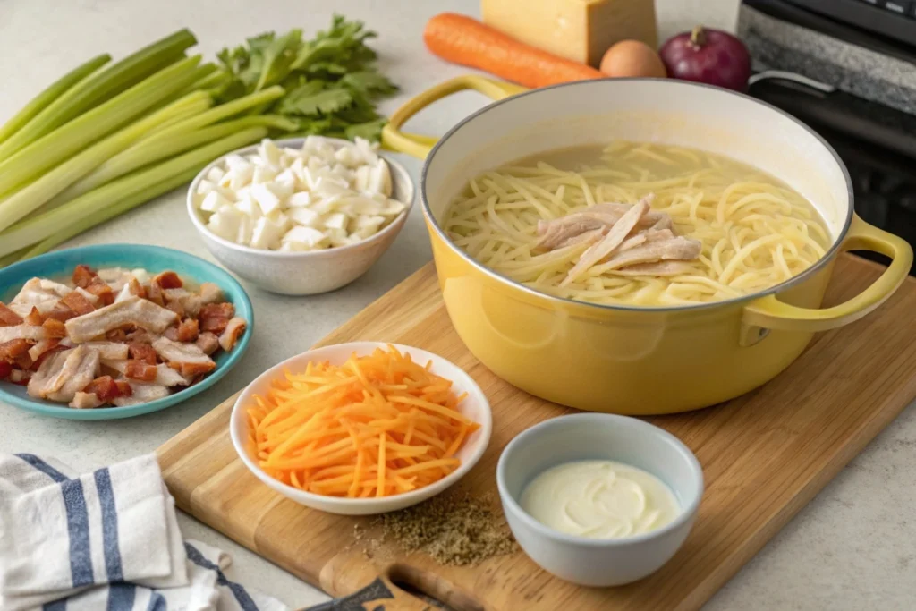 A steaming bowl of Crack Chicken Noodle Soup with tender egg noodles, shredded chicken, creamy broth, diced vegetables, crispy bacon, and fresh parsley garnish, placed on a rustic wooden table.