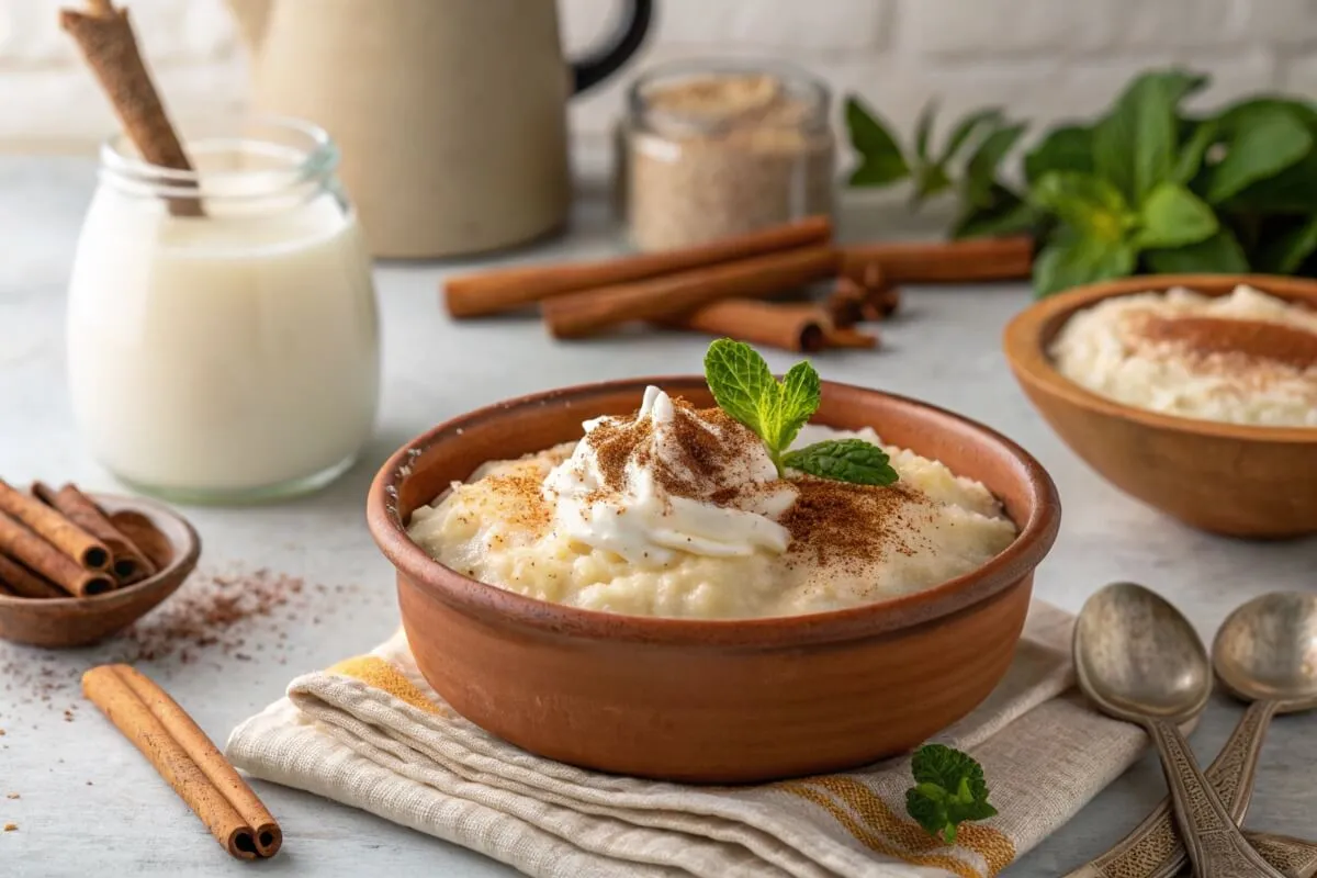 A bowl of creamy rice pudding with condensed milk topped with cinnamon and fresh fruit.