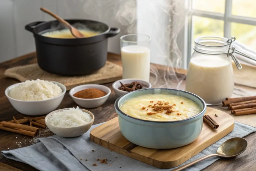 Cooking process for rice pudding with condensed milk, showing a pot of creamy pudding surrounded by ingredients like rice, condensed milk, cinnamon, and vanilla on a rustic wooden countertop.