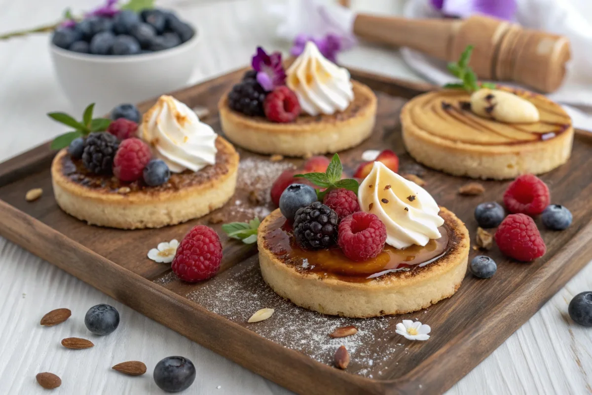 Crème brûlée cookies with caramelized tops and assorted toppings.