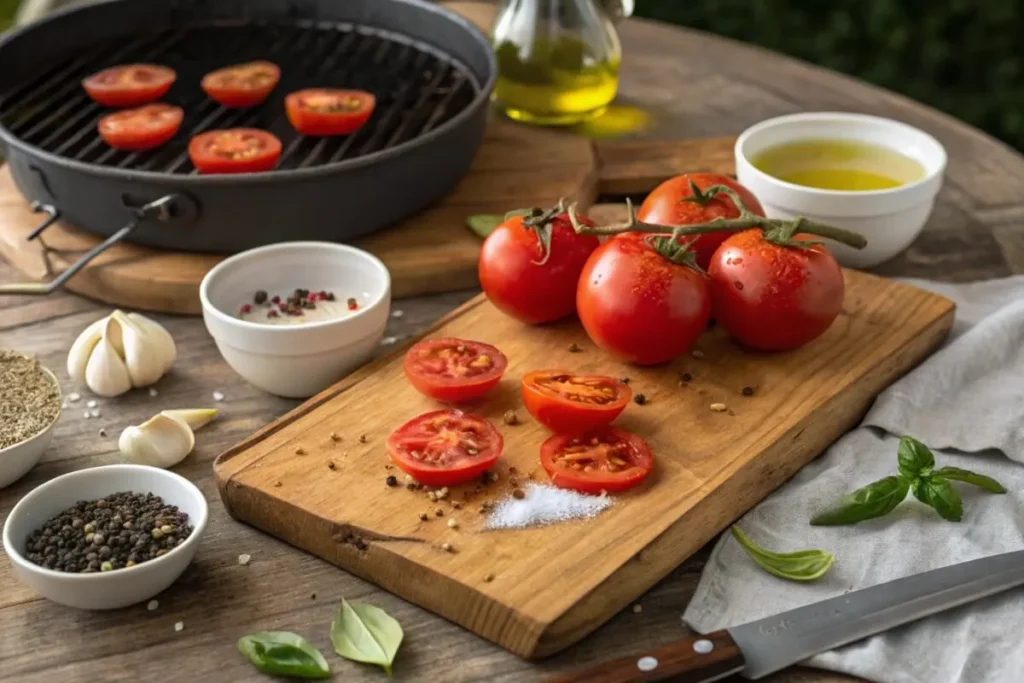 Freshly roasted tomatoes with charred skin, surrounded by ingredients like olive oil, sea salt, black pepper, garlic, and basil on a rustic wooden table, ready for preparation.