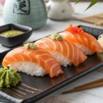 Fresh salmon slices, sushi rice, and condiments neatly arranged.