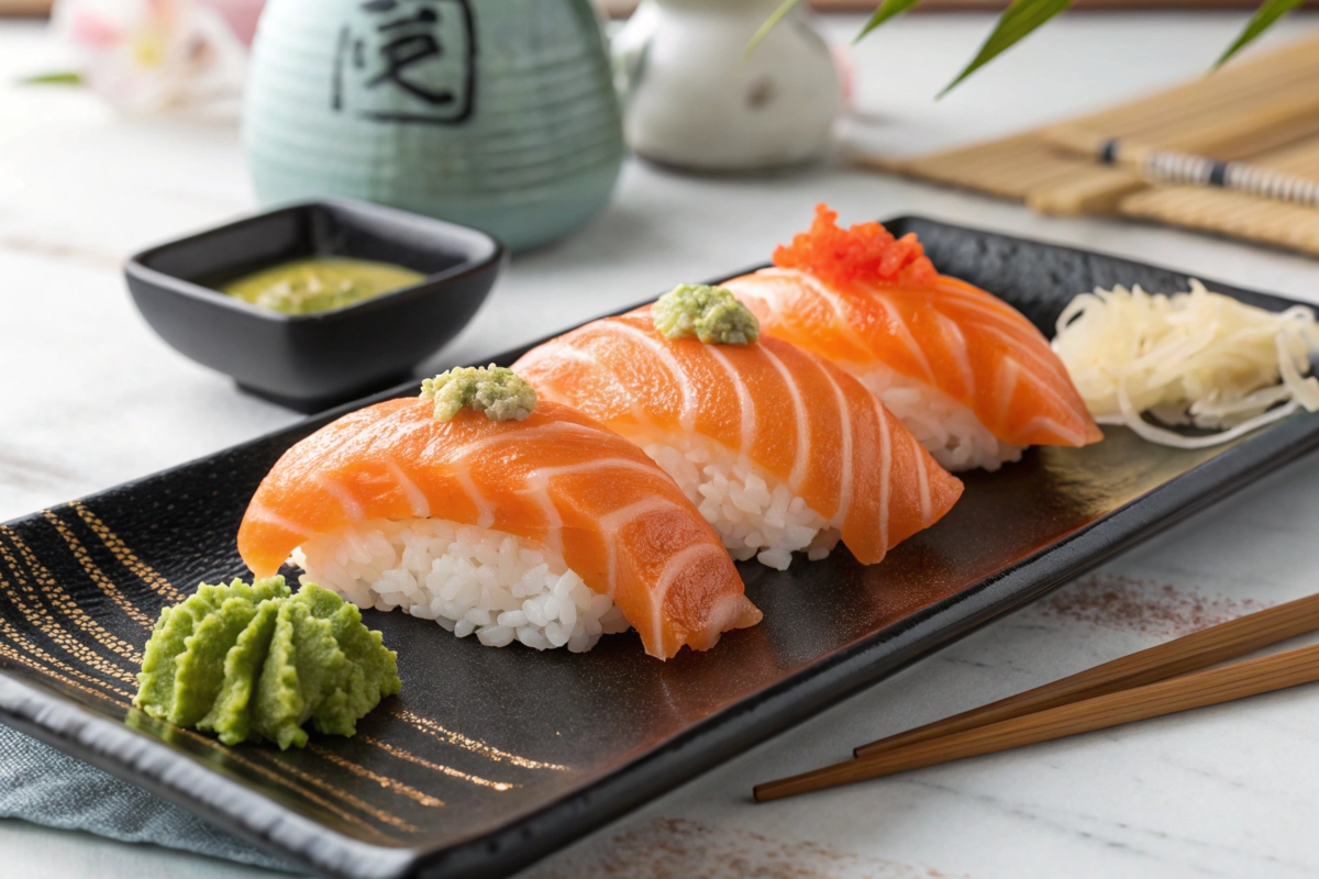 Fresh salmon slices, sushi rice, and condiments neatly arranged.