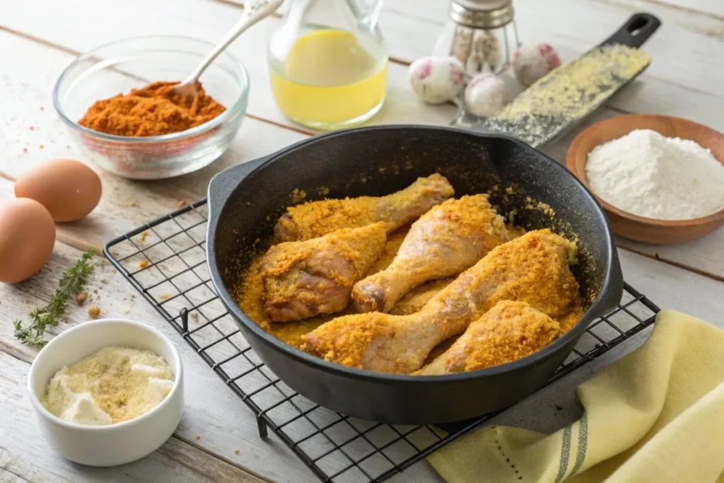 Step-by-step process of making crispy fried chicken legs with ingredients like flour, spices, buttermilk, and a cast-iron skillet.