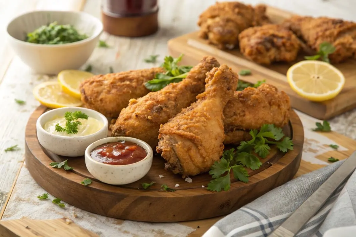 Crispy fried chicken legs on a plate