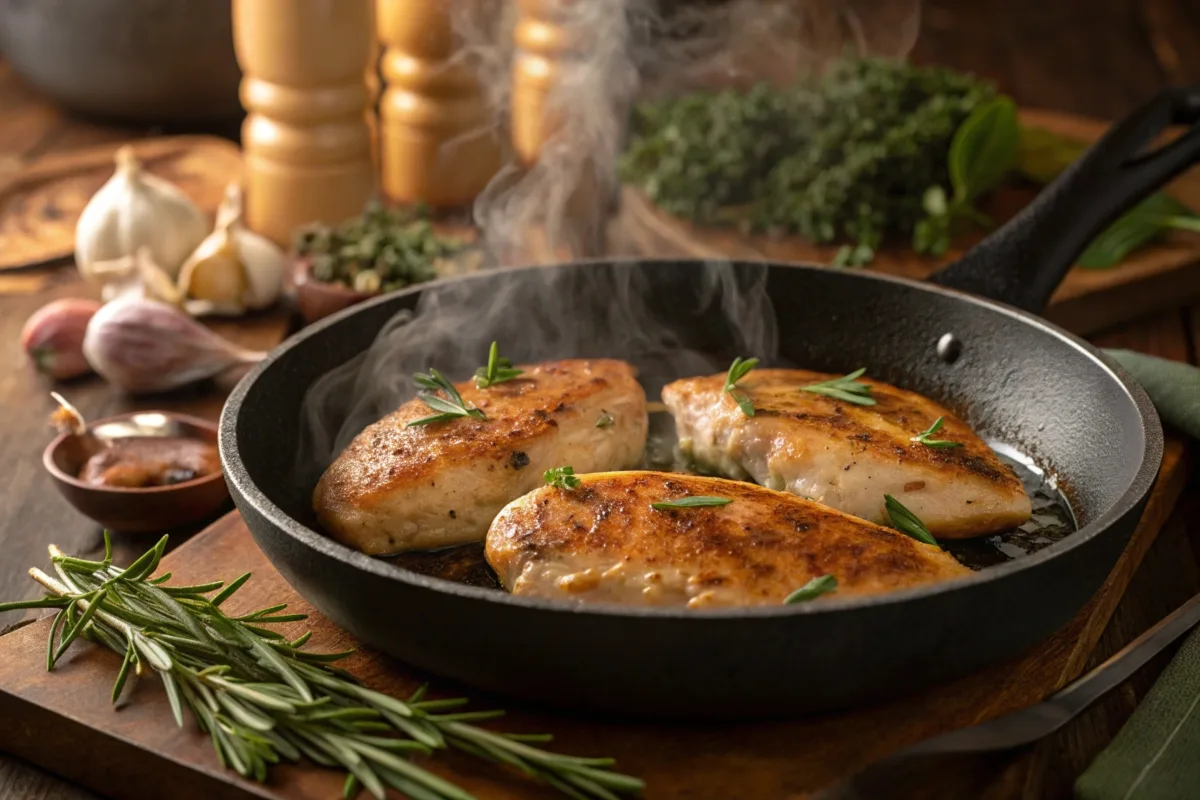 Chicken fillets cooking in a skillet with steam rising.