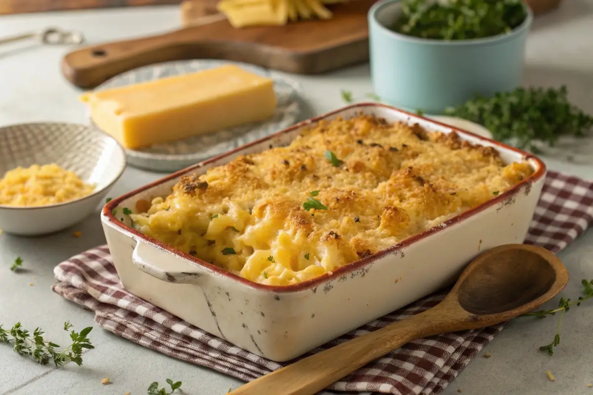 Old-fashioned baked macaroni and cheese with creamy cheese and crispy topping.