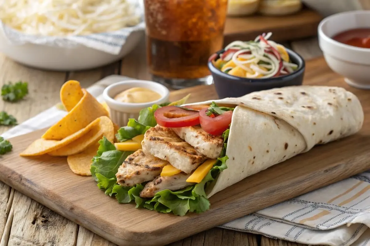 Grilled chicken wrap with fresh vegetables on a plate