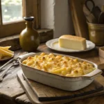 Vintage dish of original macaroni and cheese.