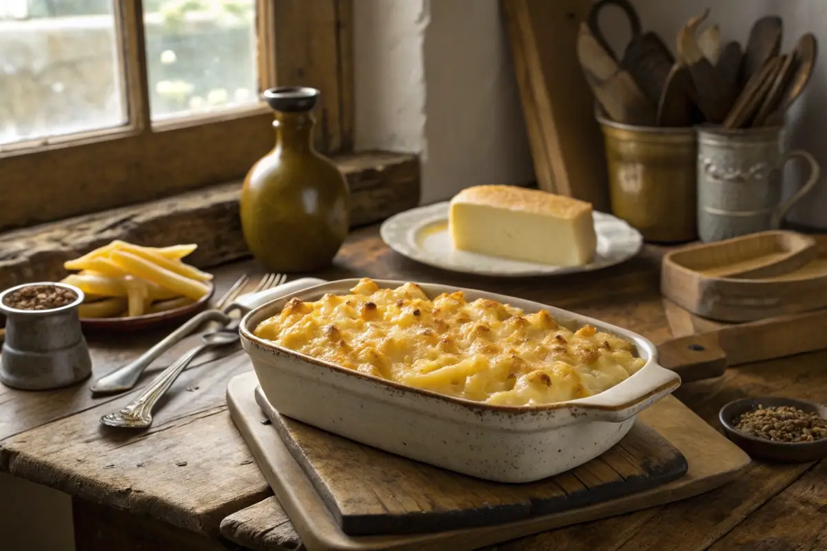 Vintage dish of original macaroni and cheese.