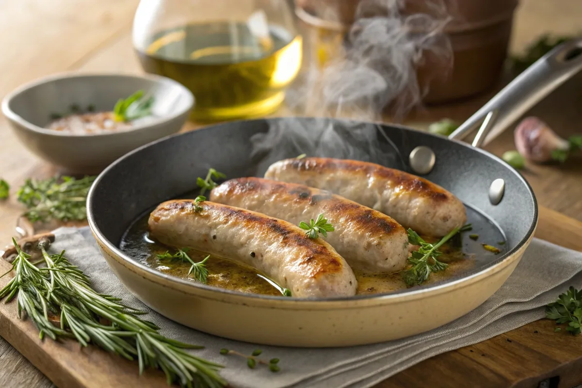 Turkey sausages cooking in a skillet with broth and herbs.