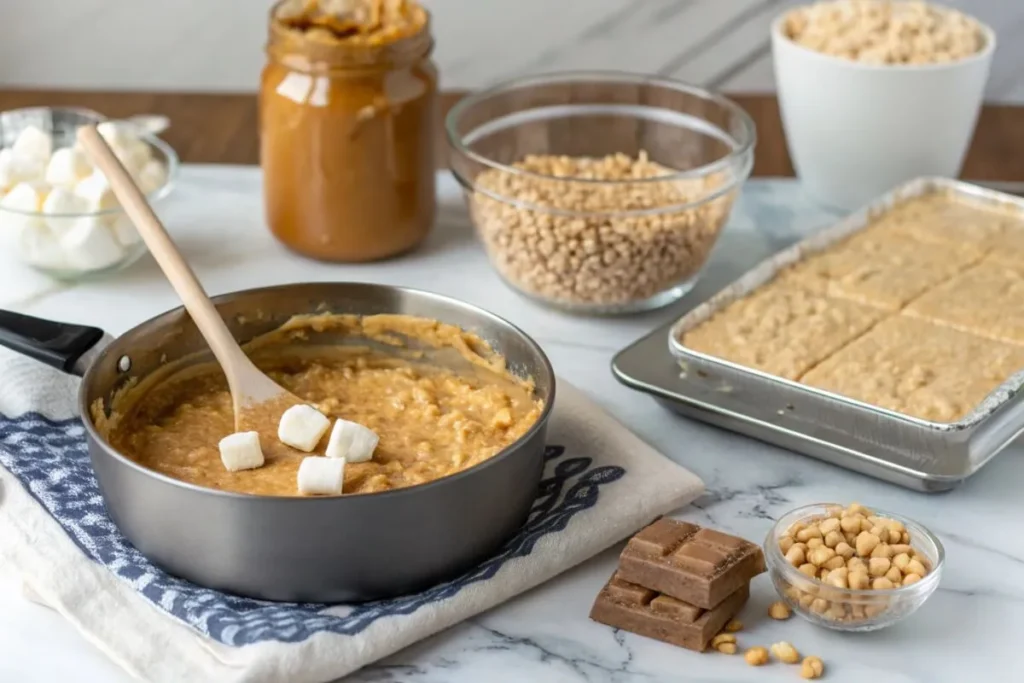 Making peanut butter rice crispy treats with melted marshmallows, peanut butter, and rice cereal in a cozy kitchen setting.