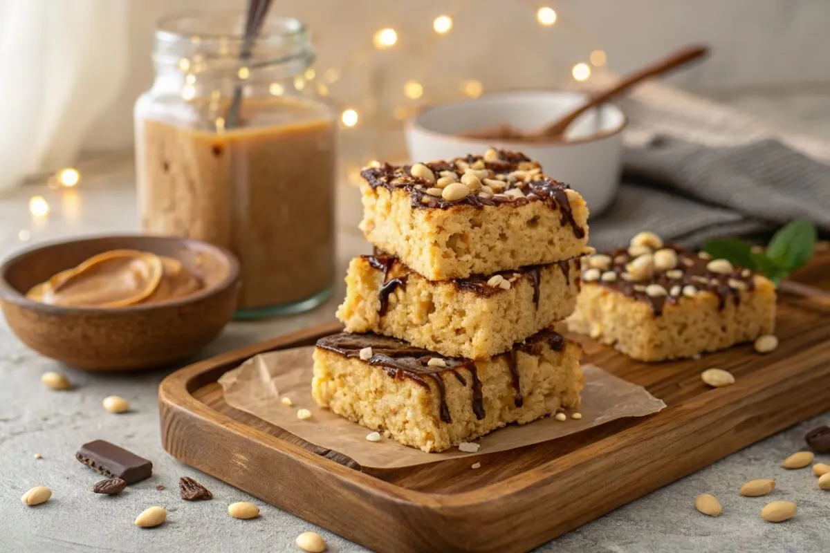 Peanut butter rice crispy treats stacked on a plate.