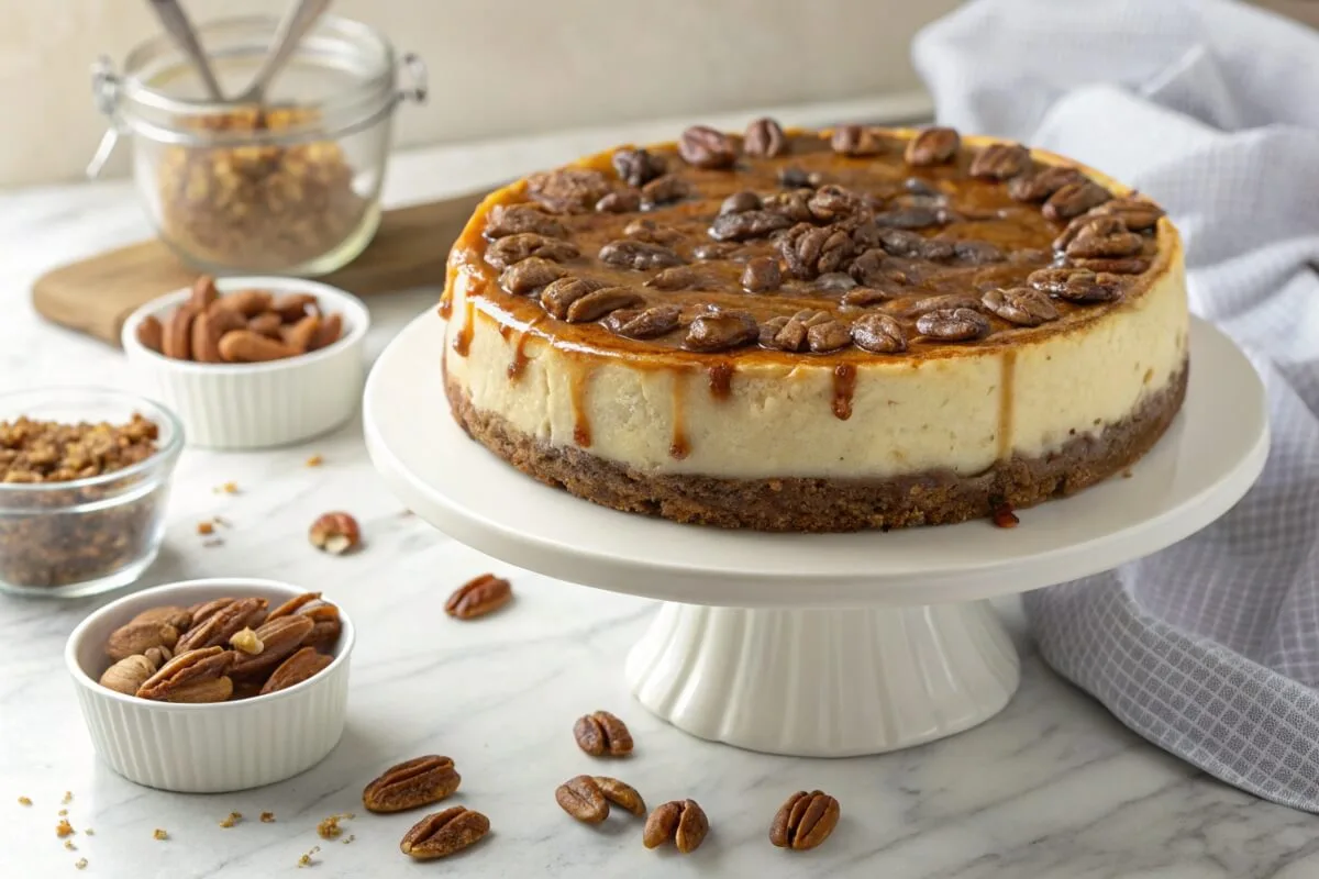 A beautifully layered pecan pie cheesecake on a white plate.