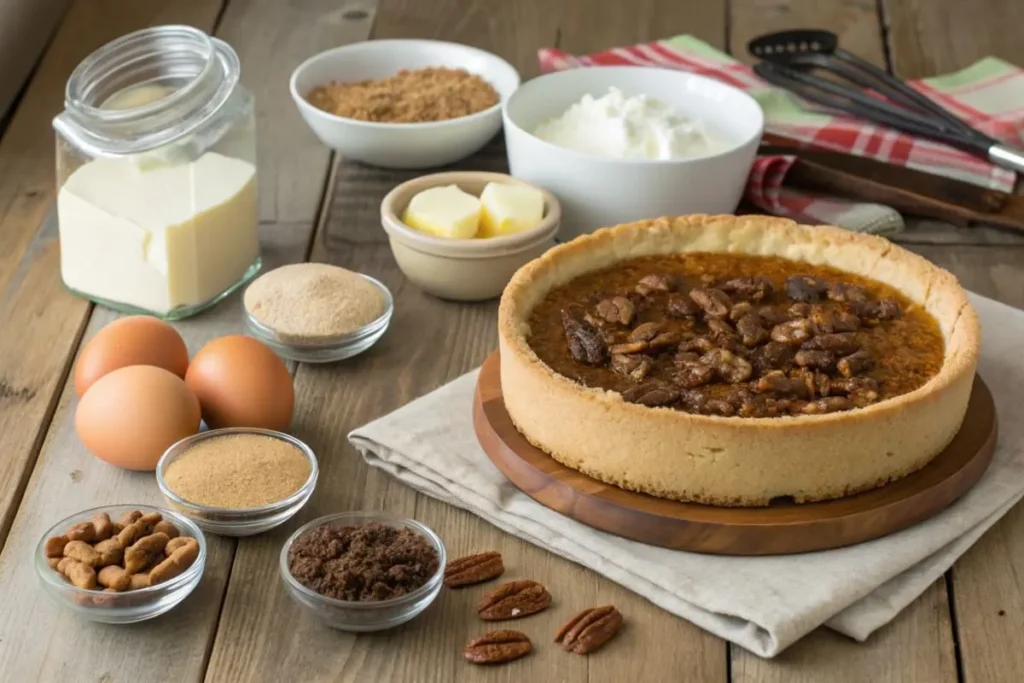 Step-by-step process of making Pecan Pie Cheesecake, from mixing ingredients to baking and adding the pecan topping.