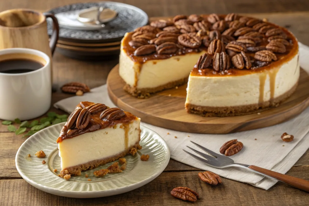 Cheesecake with caramelized pecans on top.