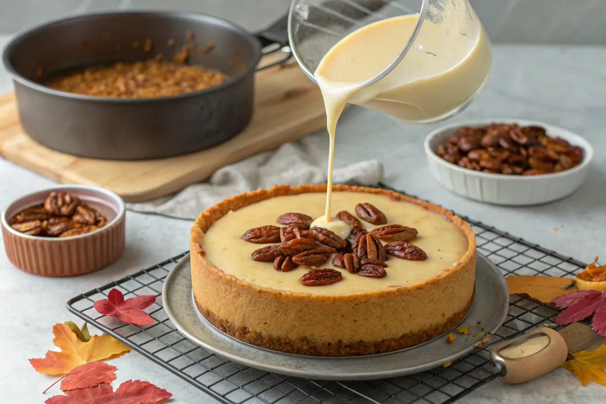 Making a Pecan Pie Cheesecake step-by-step with warm, rustic fall vibes.