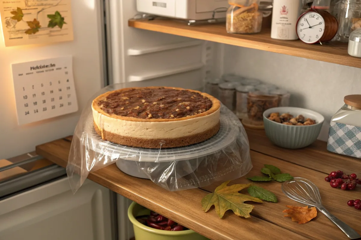 Pecan Pie Cheesecake stored in the fridge, ready ahead of time.