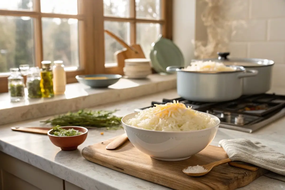 Bowl of white rice with melted shredded cheese in an open kitchen.