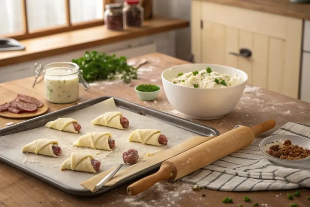 filling crescent roll dough with a mixture of sausage and cream cheese.