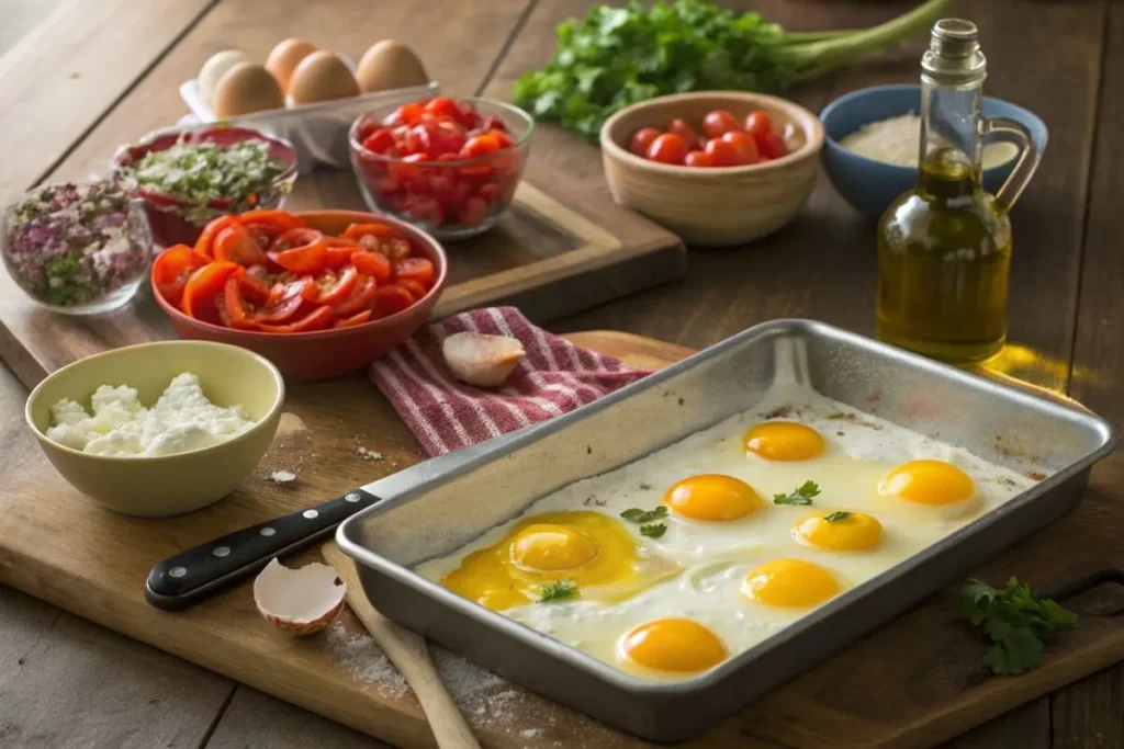 Rustic kitchen scene with a sheet pan of raw cracked eggs surrounded by bowls of diced bell peppers, cherry tomatoes, red onions, crumbled feta, fresh parsley, and olive oil on a wooden countertop.