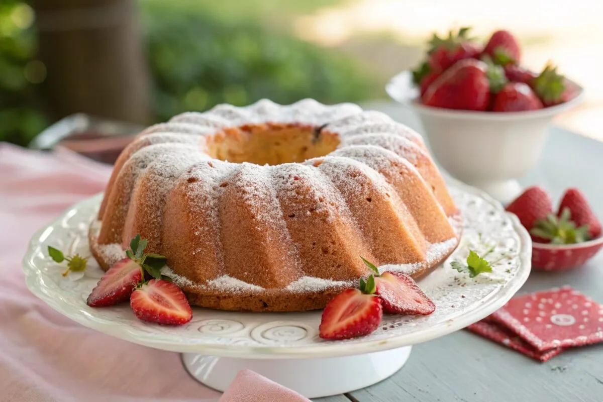 A moist strawberry Bundt cake with a drizzle of glaze and fresh strawberry garnish.