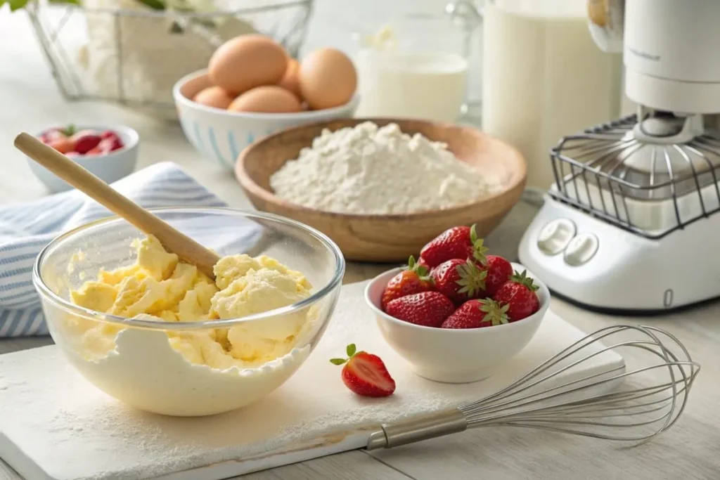 Ingredients and steps for making a strawberry bundt cake in a bright kitchen, showing creaming butter and sugar, sifting dry ingredients, pureeing fresh strawberries, and mixing the batter.