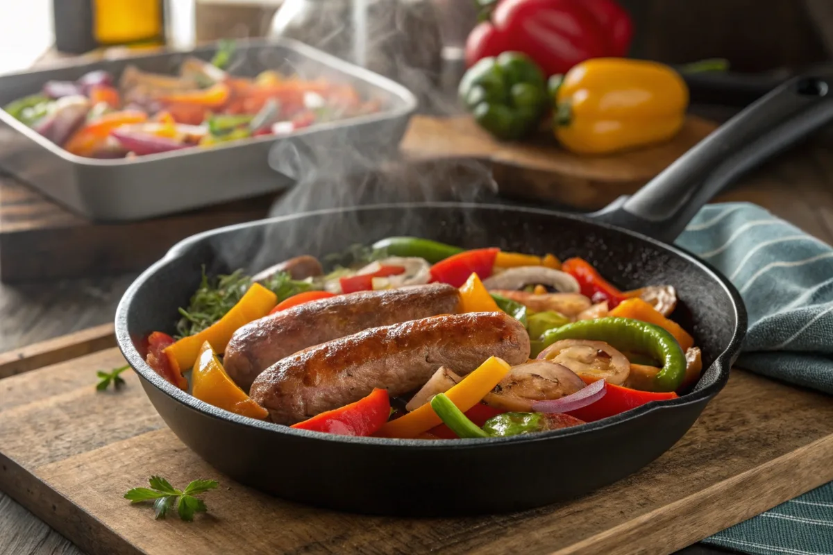 Turkey sausage cooking with vegetables in a pan.