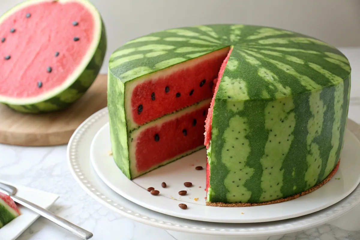 A cake designed to look like a realistic watermelon with a green rind and red interior.