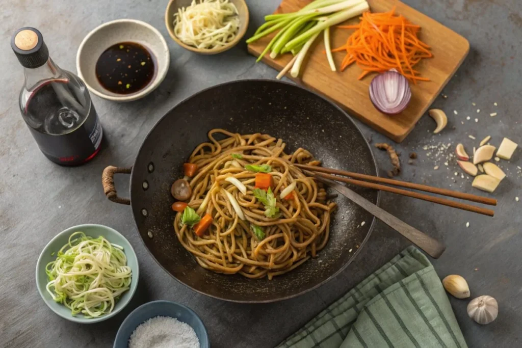 Realistic overhead view of Yakisoba noodles being prepared in a wok with fresh ingredients like pork, cabbage, carrots, onions, and a savory sauce.