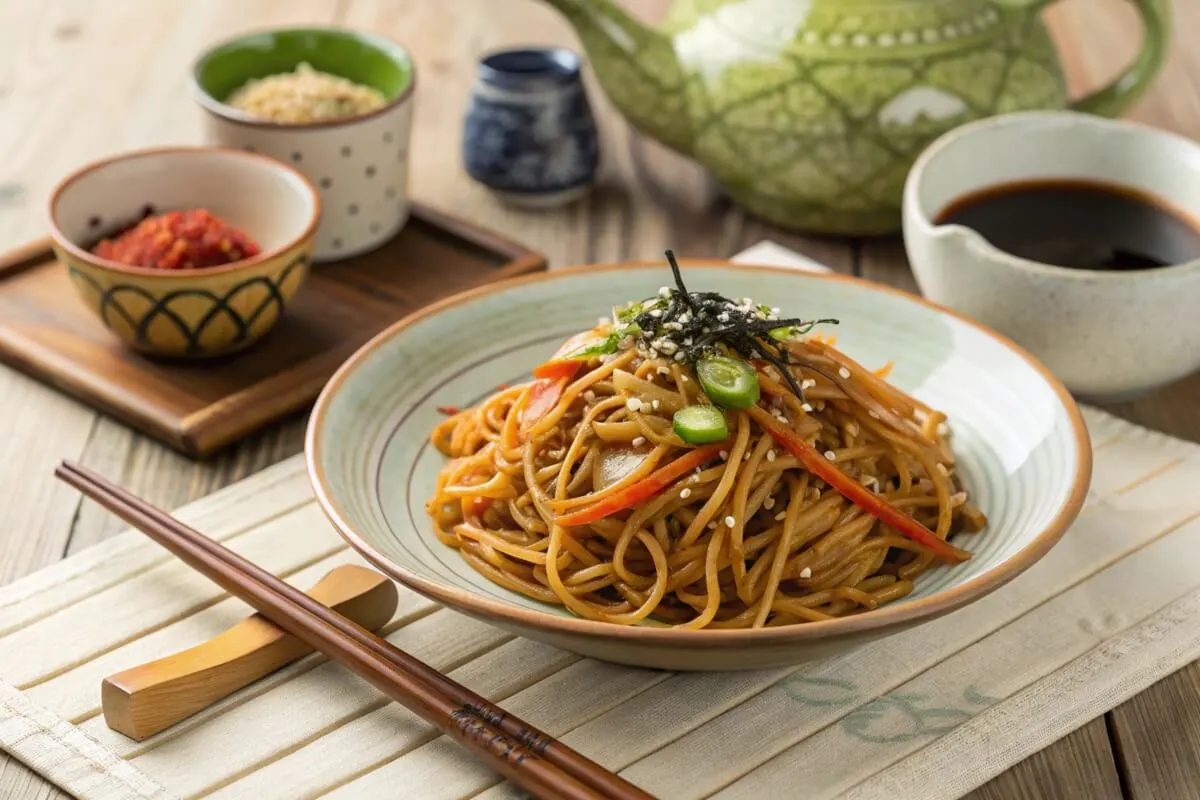 Stir-fried yakisoba noodles with vegetables and chicken