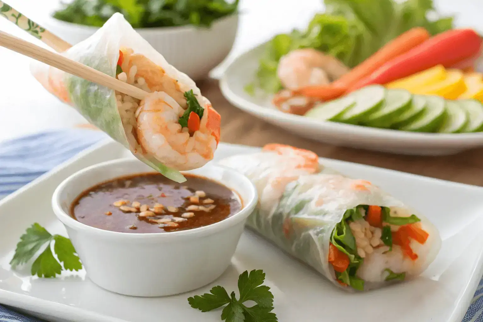 Shrimp spring roll dipped in sauce.