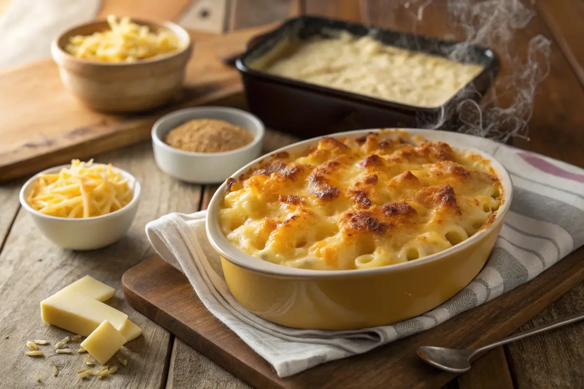 Creamy baked mac and cheese with golden crust.