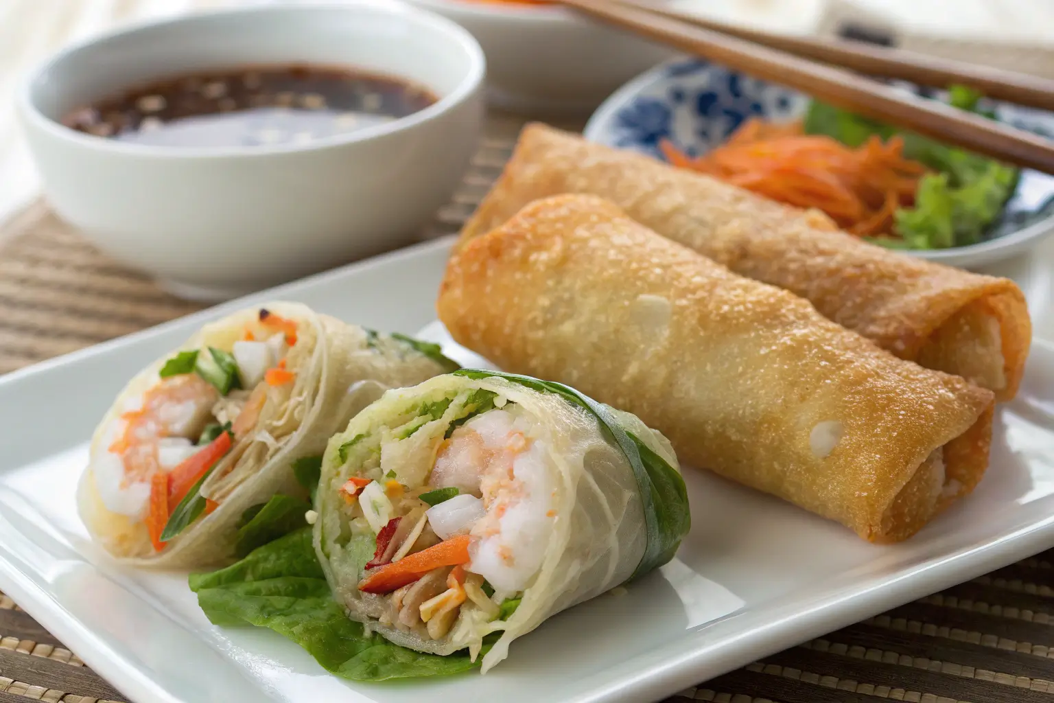 Egg roll and spring roll side by side.