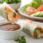 Shrimp spring roll dipped in sauce.