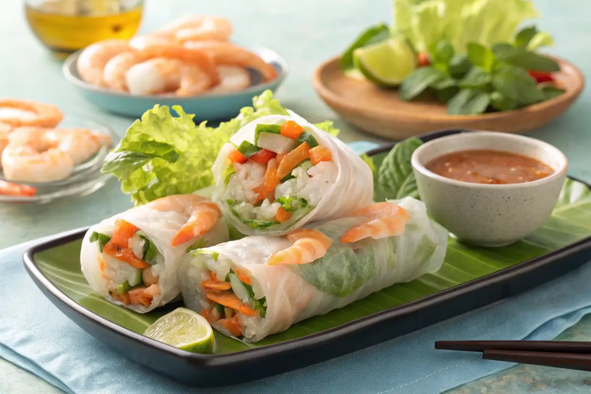 Fresh shrimp spring rolls with herbs and vegetables.