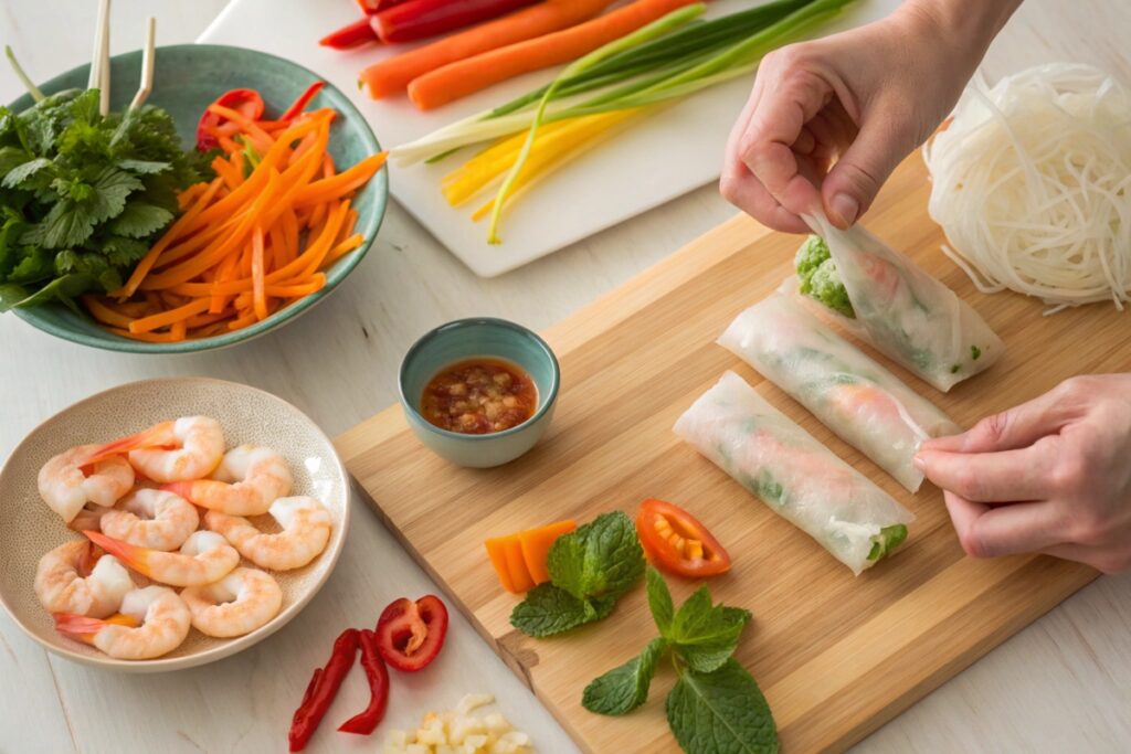 Step-by-step shrimp spring roll preparation.