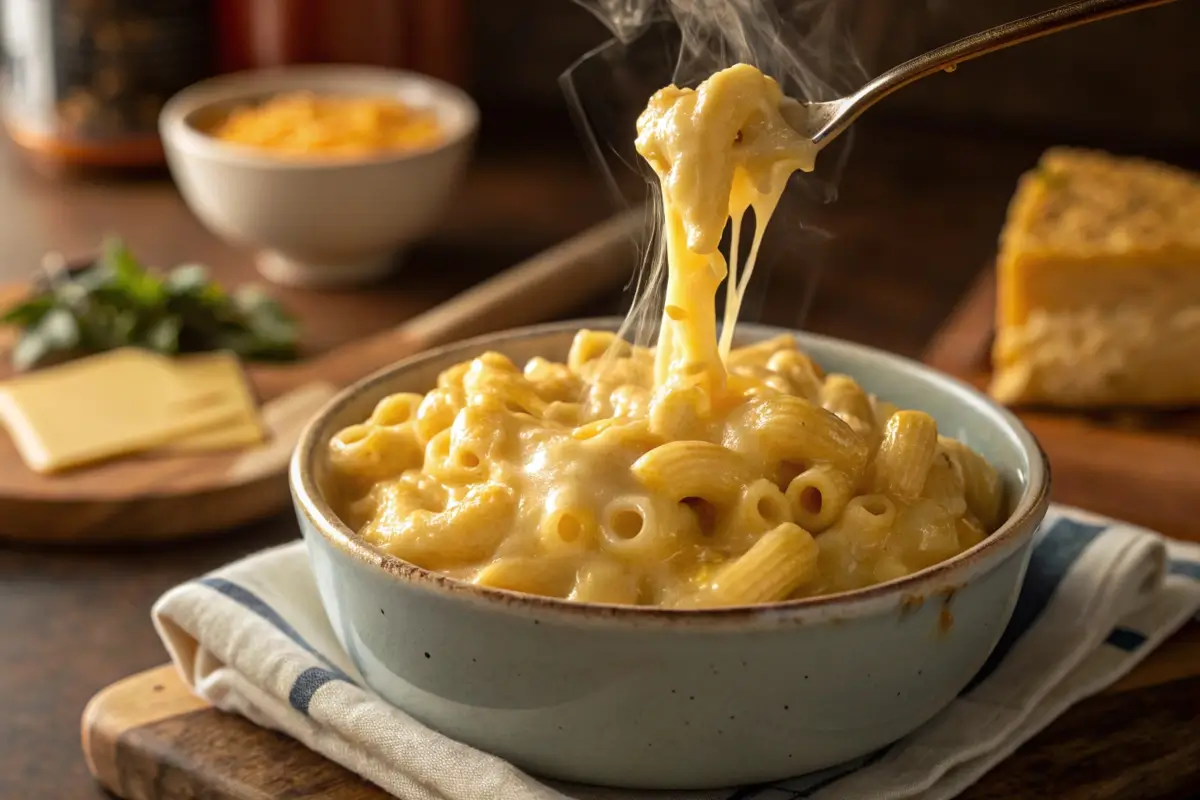 Creamy mac and cheese with a rich, golden sauce.