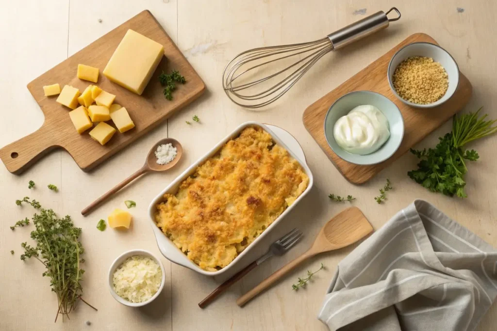 Perfectly baked mac and cheese with crispy topping.