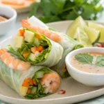 Healthy Vietnamese shrimp spring rolls with vegetables.