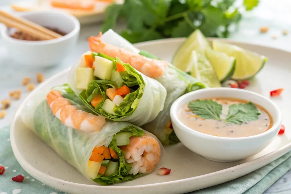 Healthy Vietnamese shrimp spring rolls with vegetables.